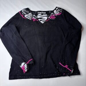 Vintage Jack B Quick‎ Black Beaded Heart Zebra Embellished Sweater Women's M